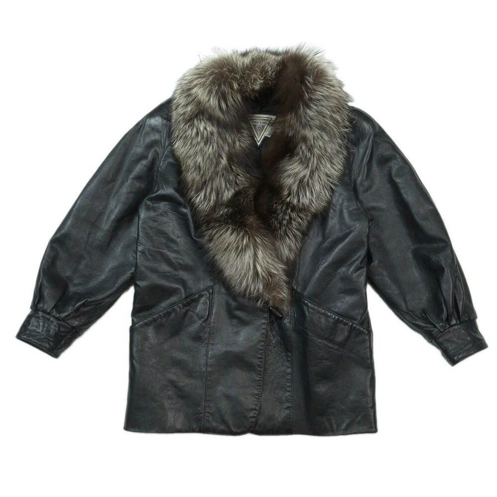 Marvin Richards Black Leather Coat Vintage Luxury 90s Real Fox Fur Collar Jacket